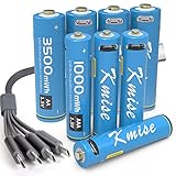 Rechargeable AA Batteries, AAA Batteries,Kmise Lithium-Ion 1.5v 3500 mWh 2000 mAh, 1000 mWh 690 mAh, Over 1000 Cycles, 4-in-1 Micro USB Charging Cable, LED Charge Indicator, 8-Pack
