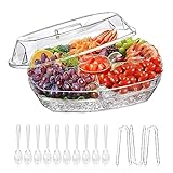 Extra Large Ice Chilled Serving Tray with Lid,Clear Fruit Platter with 4 Compartments,Shrimp Cocktail Serving Dish, Ice Serving Bowl for Fruit, Veggie, Appetizer, Sushi,Cold Dish for Party