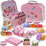 Tea Party Set for Little Girls,PRE-WORLD Princess Tea Time Toy Including Dessert,Cookies,Doughnut,Teapot Tray Cake, Tablecloth & Carrying Case,Kids Kitchen Pretend Play for Girls Boys Age 3-6