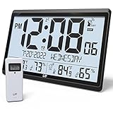 LFF Atomic Clock/Never Needs Setting, Battery Operated, Atomic Wall Clock with Indoor/Outdoor Temperature & Humidity, Wireless Outdoor Sensor, 15' Digital Wall Clock with 4.5' Numbers Easy-to-Read