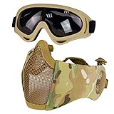 Yzpacc Airsoft Mask with Goggles, Foldable Half Face Airsoft Mesh Mask with Ear Protection for Paintball Shooting Cosplay CS Game