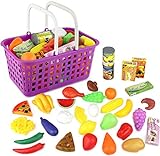 Click N' Play Pretend Food & Grocery Shopping Basket Toy Set for Kids and Toddlers 3+, Includes 32 Pieces of Fake Plastic Fruit & Vegetables Plus a Shopping Cart for Easy Storage