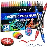24 Colors Acrylic Paint Pens, Dual Tip Acrylic Paint Markers with Brush Tip and Fine Tip, Acrylic Pens for Rock Painting, Wood, Canvas, Stone, Glass, Ceramic,DIY Crafts Making Art Supplies