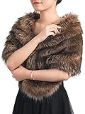 GORAIS Women's Wedding Faux Fur Shawls and Wraps Bridal Fur Scarf Stoles with Brooch for Bride and Bridesmaids (US 4-14(S-M), A Brown)