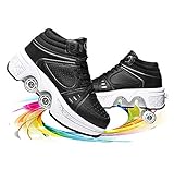 Double-Row Deform Wheel Automatic Walking Shoes Invisible Deformation Roller Skate 2 in 1 Removable Pulley Skates Skating Rollerskates Outdoor Parkour Shoes with Wheels for Girls Boys,Black high,US 7