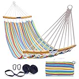 Double Hammock Swing with Tree Straps, Ohuhu Folding Bamboo Curved-Bar Hammocks with Carrying Bag, Outside Colorful 2 Person Portable Hanging Hammocks for Patio Backyard Camping Indoor Outdoor