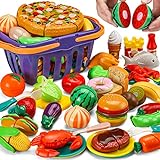 42 Items 87 Pcs Cutting Play Food Toy for Kids Kitchen Set,Pretend Cooking Fruit &Vegetables&Fast Food with Storage Basket,Fake Food for Toddler&Baby,Educational Gift for Girls Boys Children Birthday