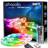 phopollo LED Lights for Bedroom 50FT, 5050 LED Strip Lights with 44 Key IR Remote Controller and 12V Power Supply for Home Decoration