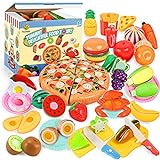 70PCS Pretend Play Food Sets for Kids Kitchen Toys Accessories Set BPA Free Plastic Pizza Toy Food Fruits and Vegetables Dishes Playset Christmas Birthday Gift Toys for Toddlers Boys Girls Storage Box