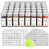 SWOMMOLY 48 Glass Spice Jars with 806 White Spice Labels, Chalk Marker and Funnel Complete Set. Square Bottles 4 oz Empty Spice Containers, Airtight Cap, Pour/sift Shaker Lid, Square and Round Labels