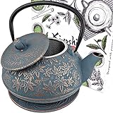 Japanese Cast Iron Teapot Large Capacity 40Oz with Trivet and Loose Leaf Tea Infuser, Cast Iron Tea Kettle Stovetop Safe. Tetsubin Coated with Enamel Interior.