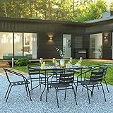 Flash Furniture Patio Dining Set, 55' Tempered Glass Table with Umbrella Hole, 6 Black Metal Aluminum Slat Stack Chairs