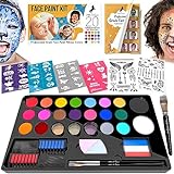Face Painting Kit For Kids Party - 20 Water Based Non-Toxic Sensitive Skin Paints 3 Glitters 2 hair chalks combs 3 Paint Brushes 40 Stencils for kids 2 Tattoos Sheets Facepaint Kids Face Paint