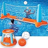 JOYIN Inflatable Pool Float Set Volleyball Net & Basketball Hoops, Floating Swimming Game Toy for Kids and Adults, Summer Floaties, Volleyball Court (105”x28”x35”)|Basketball (27”x23”x27”),L-Orange