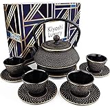 Large 11PC Japanese Tea Set 'Black and Gold' Cast Iron Tea Pot 26Oz with 4 Tea Cups (2Oz each), 4 Saucers, Leaf Tea Infuser and Trivet. Ceremonial Matcha Accessories
