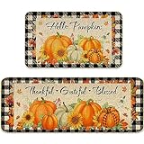 2 Pieces Hello Pumpkin Kitchen Mat Autumn Kitchen Rugs Thanksgiving Decorative Door Mats, Home Seasonal Fall Holiday Party Autumn Maple Leaves Harvest Thankful Grateful Blessed Low-Profile Floor Mat