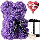 Gifts for Women - Rose Flower Bear Rose Bear ,Pure Handmade Rose Teddy Bear ,Gift for Mothers Day,Valentines Day, Anniversary and Bridal Showers,w/Clear Gift Box and Greeting Card (Purple)