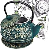 3 Piece Set Japanese Cast Iron Teapot Large Capacity 40Oz with Trivet and Loose Leaf Tea Infuser, Cast Iron Tea Kettle Stovetop Safe. Tetsubin Coated with Enamel Interior - Green Teapot