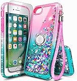 NGB Compatible for iPhone 6 6S 7 8 Case, iPhone SE 3 2022/iPhone SE 2 2020 Case with Tempered Glass Screen Protector, Ring Holder, Girls Women Kids Liquid Glitter TPU Cute Case (Pink/Aqua)