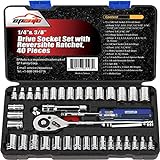 EPAuto 40 Pieces 1/4-Inch & 3/8-Inch Drive Socket Set with 72 Tooth Reversible Ratchet