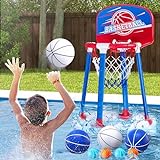 HYES Pool Basketball Hoop Poolside with Backboard, Floating Pool Toys with 4 Basketballs/4 Water Balloons/Pump, Swimming Pool Games for Kids & Adults Indoor Outdoor Play, Red