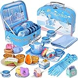 PRE-WORLD Tea Party Set for Little Girls, 42Pcs Princess Tea Time Toy Including Dessert,Cookies,Doughnut,Teapot Tray Cake,Tablecloth,Gloves & Carrying Case,Kitchen Pretend Play for Girls Boys Age 3-6