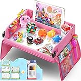 Upgraded Kids Travel Tray with Dry Erase Top Car Seat Travel Tray With Educational Drawing Car Seat Activity Tray with 16 Organizer Pockets Snack Lap Tray Pink for Car Stroller Plane
