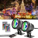 RGB Spotlight,2 Pack Goeswell Colored Spotlights,10W Christmas Lights Outdoor Decorations with Remote Control,Christmas Spotlight for Yard Aquarium Garden
