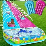 OHMANHE 36FT x 6.56FT Extra Long Double Lawn Water Slide for Kids Adults, XXXL Heavy Duty Outdoor Water Slip with Sprinkler N 2 Bodyboards, Backyard Summer Water Slip Toy with Crash Pad