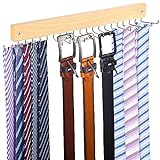 Tie Rack Wall Mounted, Natural Wood Tie Organizer Holds 20 Ties/Belt/Purse, Tie and Belt Organizer with/ 360° Rotatable Hooks,Screw Nail, Ideal for Installation on Wall、Door、Closet, 1 Pack, Natrual