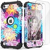 IDweel iPod Touch 7th Generation Case with 2 Screen Protectors, Hybrid 3 in 1 Shockproof Slim Heavy Duty Hard PC Cover Soft Silicone Rugged Bumper Full Body Case for iPod Touch 5/6/7th Gen, Flower