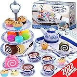 Cheffun Tea Party Set for Little Girls - Kids Pretend Play Kitchen Toys Sweet Princess Tea Cup Plastic Toys Play Food with Teapot Tray Cake Gift for Age 3 4 5 6 7 Year Old Toddler Child Girl Boys