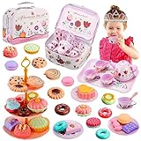 TESSGO 46PCS Tea Party Set for Little Girls, Princess Tea Time Kids Pretend Kitchen Toys with Desserts, Cookies, Doughnut, Teapot Tray, Cake, Carrying Case Toys for 3-6+ Year Old
