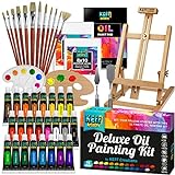 KEFF Oil Paint Set for Adults and Kids - Oil Painting Art Kits Supplies with Oil Based Paints, Stretched Canvas, Table Easel, Brushes, Palette, Knives and Paper Pad