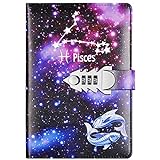 JunShop Locking Diary Combination Lock Journal Constellation Writing Diary A5 Starry Sky Lock Leather Notebook (Pisces)