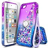 NGB iPod Touch 7 Case, iPod Touch 6/5 Case with HD Screen Protector and Ring Holder for Girls Women Kids, Glitter Liquid Cute Case for Apple iPod Touch 7th/6th/5th Generation (Purple/Blue)