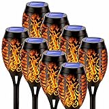 Patiolit Outdoor Solar Flickering Torch Lights, 8 Pack Waterproof Patio Tiki with 12 LED Flickering Flame, Outdoor Solar Powered Pathway Lighting, Garden Solar Décor for Front and Backyard Landscape