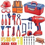 Kids Tool Set, MAGIC4U 49PCS Toddler Tool Set with Electronic Toy Drill,Tape Measure 12 Tool Equipements,Pretend Play Construction Coustume with Safety Vest Hat,Toy Tool Box for Kids Boy Girl Age 3-8