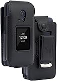 Case for NUU F4L 4G LTE Flip Phone, Nakedcellphone [Black Vegan Leather] Form-Fit Cover with [Built-in Screen Protection] and [Metal Belt Clip] - Also Fits Blu Tank Flip and Aspera F42