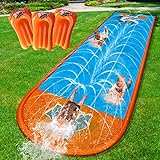 Slip Water Slide, 17ftx7ft Kids Slip Water Slide for Backyard Lawn, 3 Sliding Racing Lanes and 3 Inflatable Bodyboards with Sprinklers, Shark Pattern Outdoor Summer Water Toy