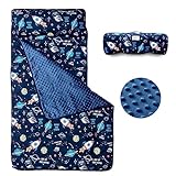 beeweed Toddler Nap Mat, Rollup Design Kid Sleeping Mat with Removable Pillow & Minky Blanket, Toddler Sleeping Bag for Daycare Preschool Travel Camping, Space Ship