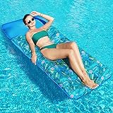FindUWill Oversized Pool Floats- 72' X 37' Extra Large Fabric Covered Pool Float Raft for Adults, Inflatable Pool Floaties Lounger with Headrest Ultra-Comfort Cooling Floating Mat (XL, Monstera Green)
