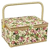 Sewing Basket with Rose Floral Print Design- Sewing Kit Storage Box with Removable Tray, Built-in Pin Cushion and Interior Pocket - Large - 12' x 9' x 6' - by Adolfo Design