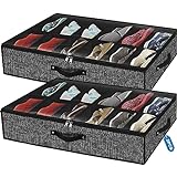 Underbed Shoe Storage Organizer - Fits 24 Pairs, Sturdy Box with Clear Cover, 29 x 24 x 6 inches, Linen Black, Set of 2