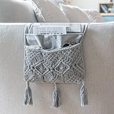 Mkono Macrame Sofa Armrest Organizer Remote Control Holder Magazine Storage Basket Bed Couch Chair Arm Bedside Caddy for TV Remote Control, Magazine, Books, Cell Phone, iPad, Boho Home Decor, Grey