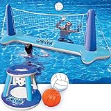 JOYIN Sloosh Inflatable Volleyball Net & Basketball Hoops Pool Float Set; Balls Included for Kids/Adults, Summing Pool Game, Floating, Summer Floaties, Volleyball Court |Basketball,L-Dark Blue