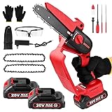 6 Inch Mini Chainsaw Cordless, Chain Saws with 800W Brushless Motor & 2x 2.0Ah Batteries, Portable Handheld Small Chainsaw with 2 Chains, Security Lock, for Wood Cutting Tree Trimming Garden