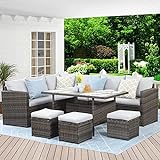 Wisteria Lane Outdoor Patio Furniture Set, 7 Piece Wicker Rattan Outdoor Dining Set with Dining Table and Ottomans, Patio Table and Chairs Set, Outdoor Sectional, Grey