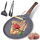 AOSION Crepe Pan,Nonstick Dosa Tawa Pan,11 inch Flat Skillet Pan with Ergonmic Handle,Cast Aluminum Tortilla Pan for Pancake Omelette Steak Frying Egg with Spreader,Tong,Shovel,For All Stoves