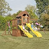 Swing-N-Slide WS 8356 Wooden Timberview Play Set with Two Slides, Monkey Bars, Wood Roof, Climbing Wall and Swings, Wood , Brown